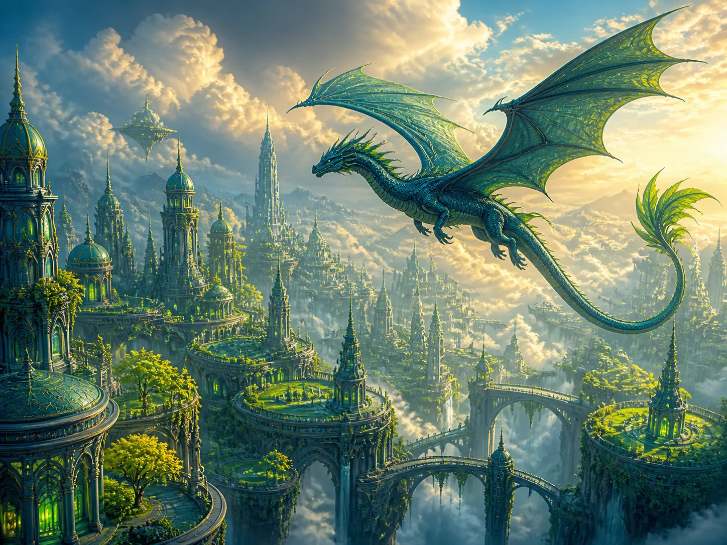 Offensichtlich fiktionale Szene mit einem Drachen über einer Fantasiestadt